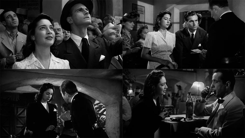 A four-panel image. From top-left clockwise, the image shows a Annina and Jan looking hopefully at the sky. Then the same woman and man appearing disappointed in a police station. Annina speaking nervously with Louis Renault, head of the police. And finally, Annina pleading at a cafe table with Rick, who is sipping his cocktail and holding a lit cigarette.