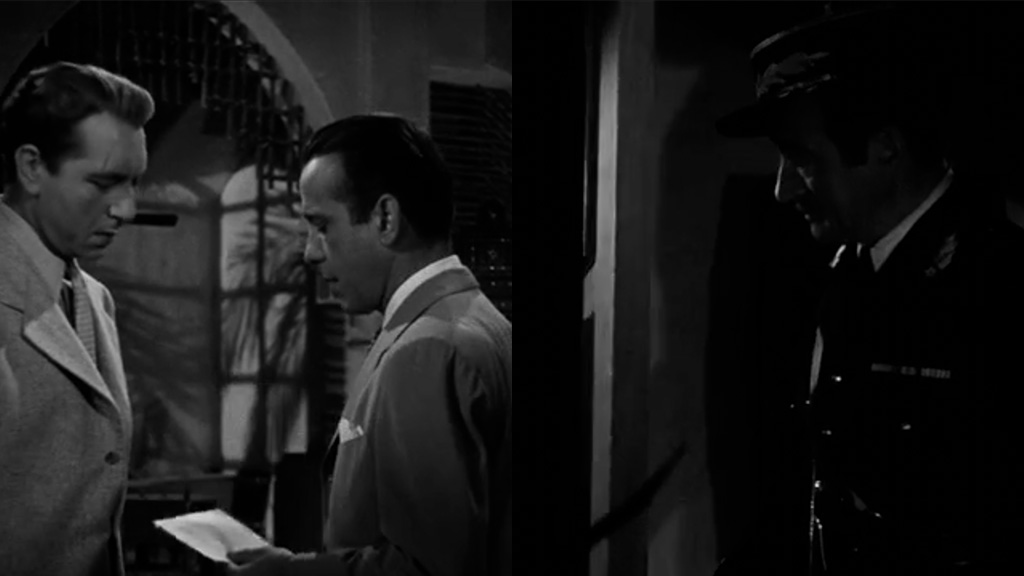 A split image. On the left, Rick hands papers to Victor, providing a means to escape Casablanca. On the right, Chief of Police Renault peers through a doorway, watching the hand-off.