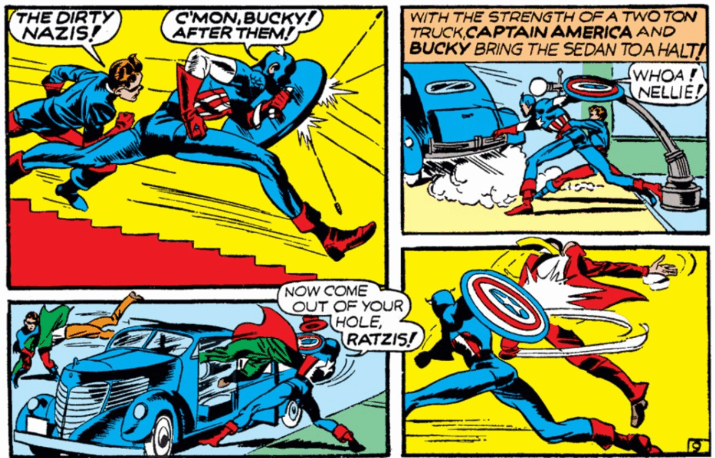 From a 1940s comic book, Captain America and his side-kick, Bucky, run down stairs, block bullets, stop a moving vehicle, and toss the driver out