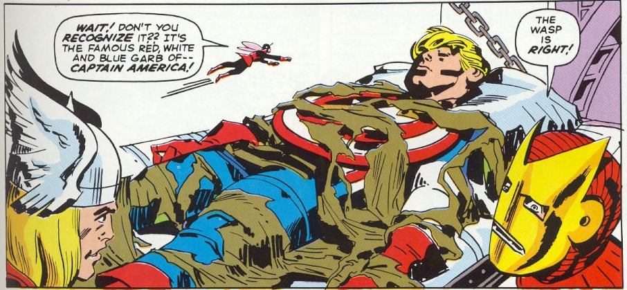 From a 1960s comic book, Captain America is motionless and covered in rags as the Avengers, Thor, Iron Man, and Wasp decide on the next plan