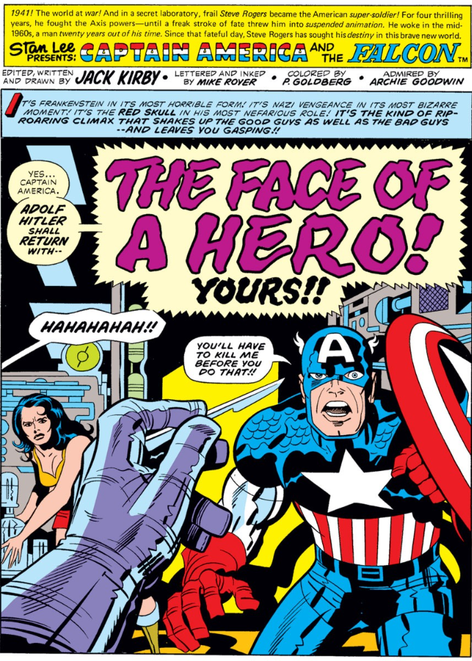 From a 1970s comic book, Captain America is horrified by the idea that his face will be swapped with Adolf Hitler.