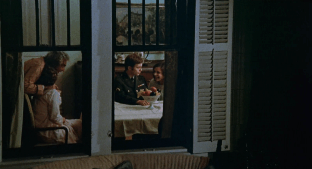  nuclear family can be seen through a residential window. The father,
mother, and daughter are smiling widely, and the son is wearing an Army outfit.