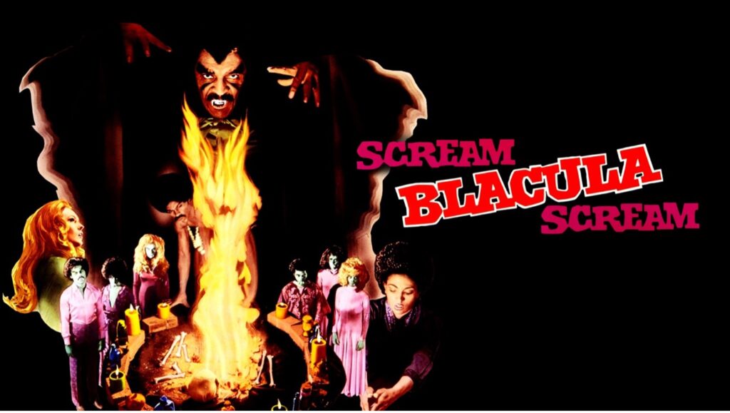 Blacula, a black vampire, looms over a raging fire pit with fangs and eyes highlighted in white and outlines of a cape fluttering on his sides. An assortment of smaller-sized characters with green skin and purple dress surrounds the fire, and two female characters, white with red hair on the left, and black with dark afro hair on the right, encircle the green-skinned characters. The film's title appears in bold red and white letters to the right of the image against a black background.