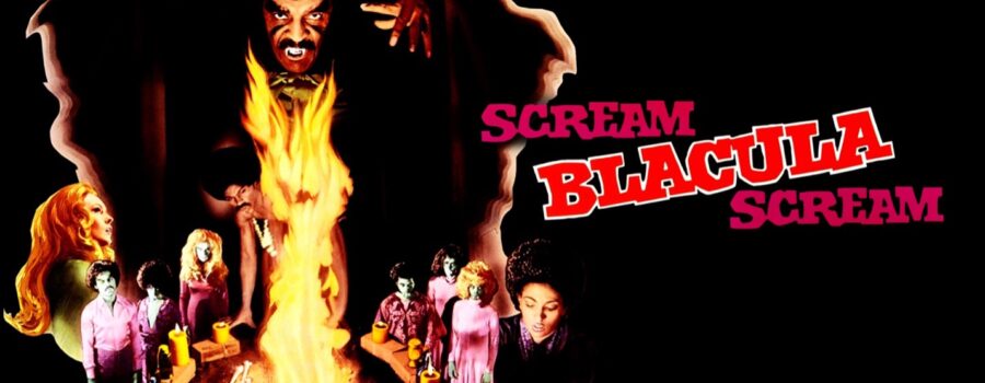 Blacula, a black vampire, looms over a raging fire pit with fangs and eyes highlighted in white and outlines of a cape fluttering on his sides. An assortment of smaller-sized characters with green skin and purple dress surrounds the fire, and two female characters, white with red hair on the left, and black with dark afro hair on the right, encircle the green-skinned characters. The film's title appears in bold red and white letters to the right of the image against a black background.