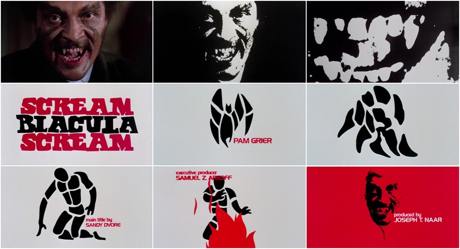 Nine still images from the opening title sequence of Scream Blacula Scream by Sandy Dvore. In black, white, and red colors, the graphic sequence shows Blacula as a vampire transforming into a bat, back into a man, engulfed in flames, then reborn as Blacula again.