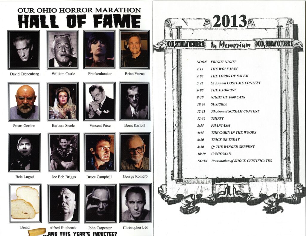 Horror Marathon Schedule. Left page shows a grid of horror movie actors and characters. Right page shows a movie schedule with times.