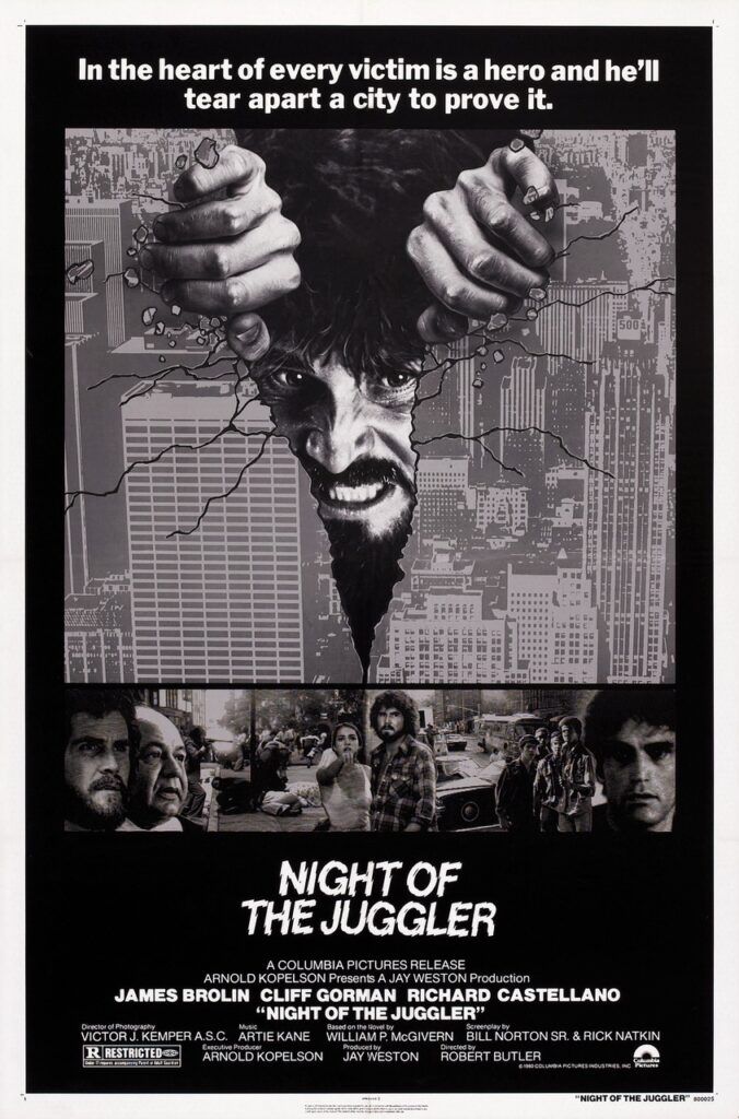 Poster for NIGHT OF THE JUGGLER; black and white, James Brolin angrily ripping two buildings apart