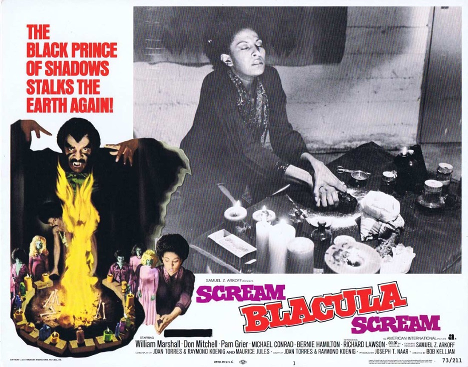 Original promotional poster for Scream Blacula Scream showing an image of Pam Grier as a Voudon priestess mid-ritual with candles next to an animated tableaux from the movie.