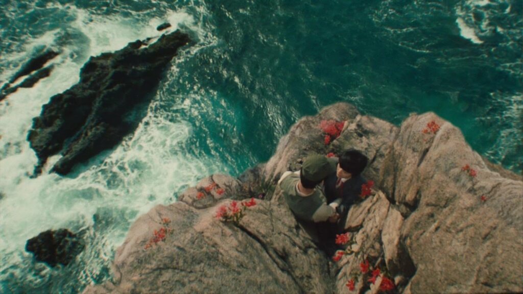 A young man and young woman embrace on a cliff with scattered growth of red flowers overlooking the sea.