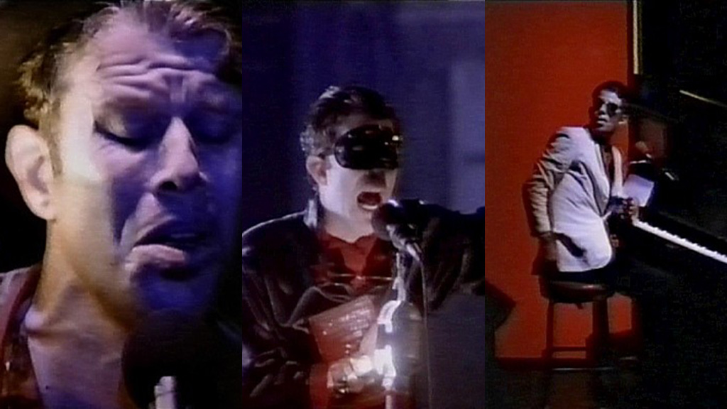 A triptych of the same man, who has curly hair and a pencil mustache. On the left he is shown in close up, his face controted from singing. In the middle, he wears a mask and declaims while holding some kind of book. On the right, he wears a white jacket and sits at a piano while look to his left.