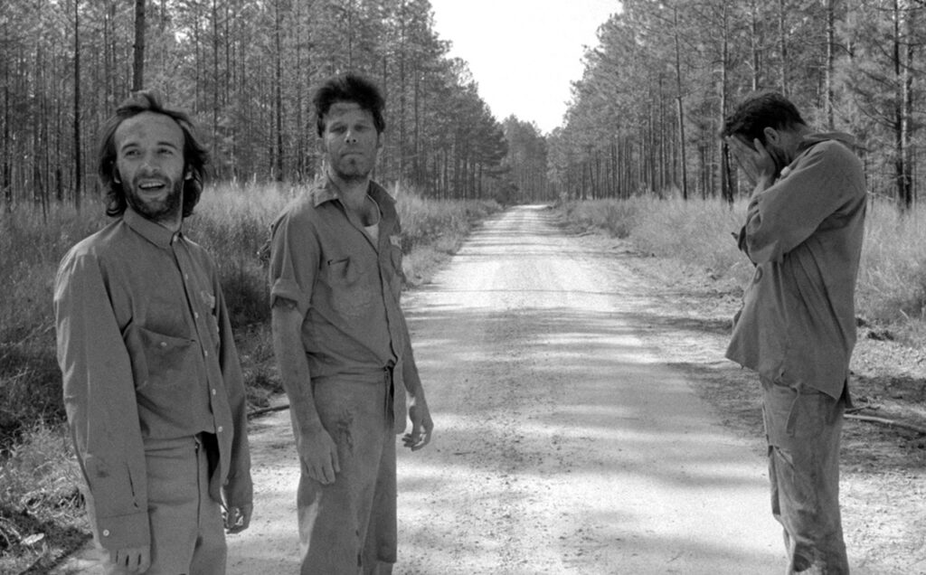 Three men on the road surrounded by trees; two are looking back while one has his hands over his head.