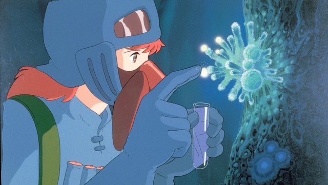 a young woman interacts with spores in a toxic wasteland. 