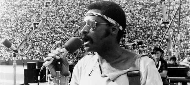 Melvin Van Peebles on the Wattstax stage introducing the Staple Singers.