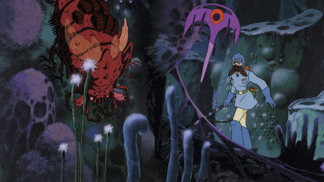 Animated image of a young girl, wearing aviation gear, walking through a dark swampy environment filled with alien plants. She is holding a thin rifle. In the foreground, an oversized red beetle clings to a wall and a purple jellyfish-like creature floats past.