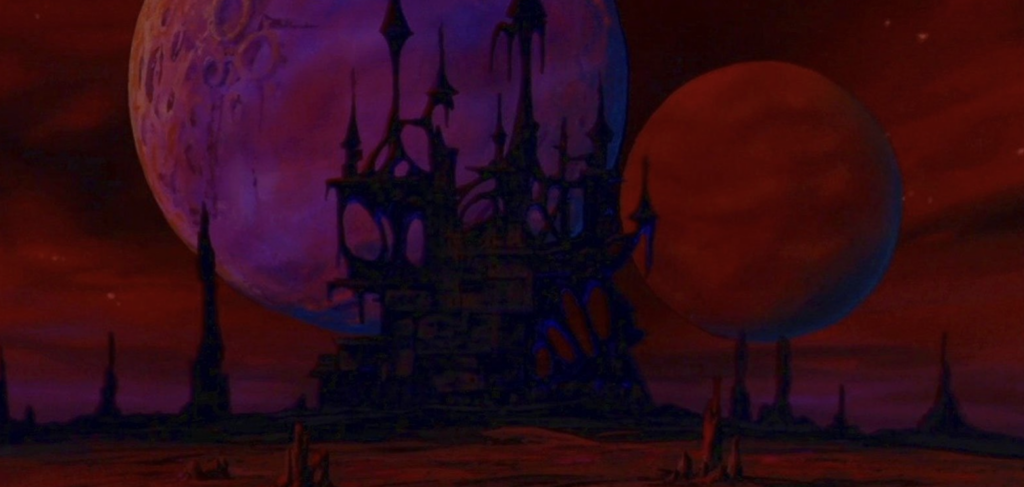 A red and purple landscape with a haunting, semi-hard to make out gothic black castle.