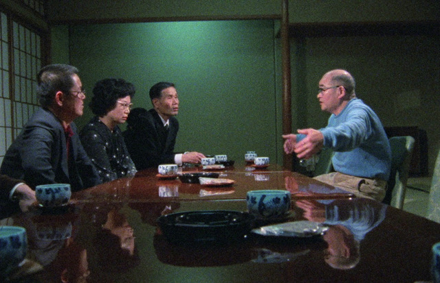 Kenzō Okuzaki (third from left) and two accomplices confront a veteran about his activities during World War II in The Emperor’s Naked Army Marches On