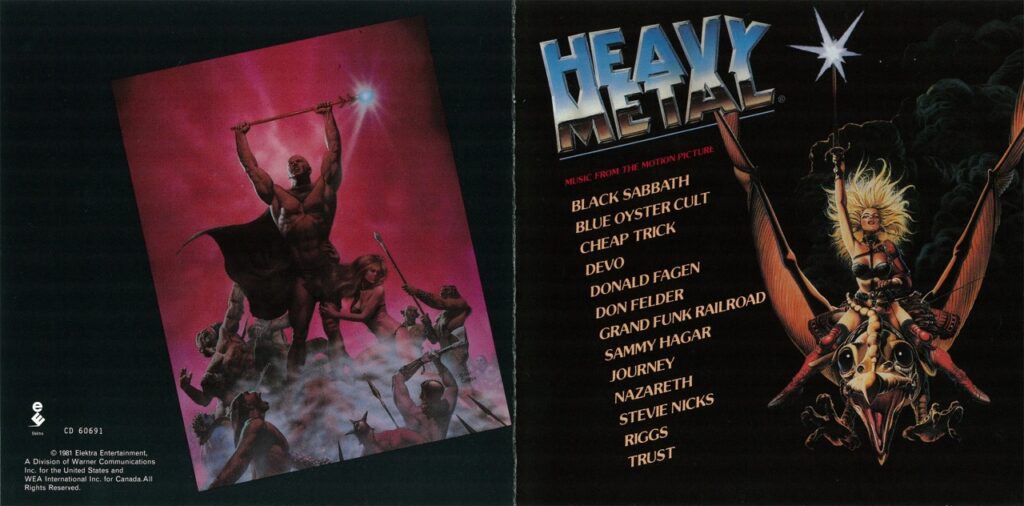 Gatefold cover of the Heavy Metal soundtrack album. The left panel shows a muscular, bald warrior holding a glowing sword aloft while standing over defeated enemies in a smoky, pink-lit fantasy battlefield, with scantily clad figures around him. The right panel features the “Heavy Metal” title and a list of artists, alongside a winged blonde woman riding a large, birdlike creature through dark clouds