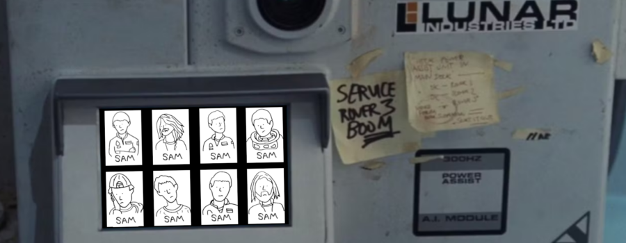 Image of a beige robot. There is a screen that shows drawings of eight people like a virtual meeting. All of them are named Sam.
