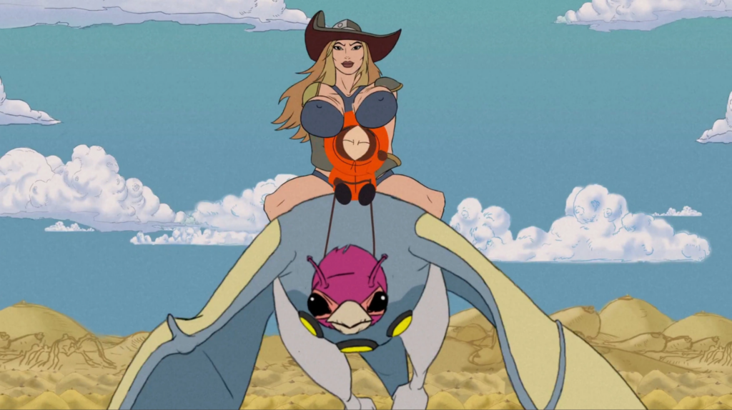 Image from South Park’s satire of Heavy Metal (1981), titled “Major Boobage." Kenny McCormick rides on a satirical dinosaur-bird with a satirical maiden of Taarna behind him. Her boobs are on Kenny's head. They are flying in the bright, blue sky above a desert mountain landscape.