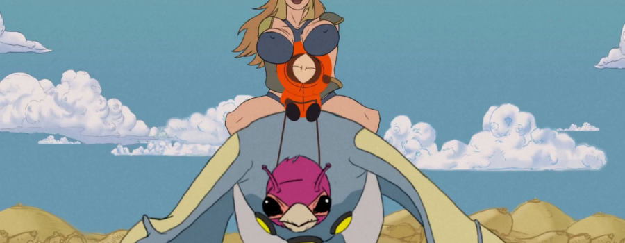 Image from South Park’s satire of Heavy Metal (1981), titled “Major Boobage." Kenny McCormick rides on a satirical dinosaur-bird with a satirical maiden of Taarna behind him. Her boobs are on Kenny's head. They are flying in the bright, blue sky above a desert mountain landscape.
