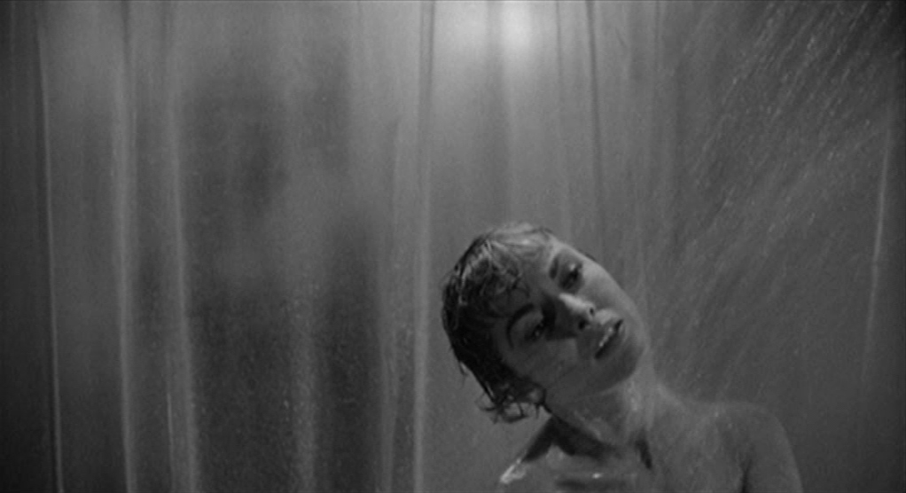 Black and white image of Marion Crane in the shower