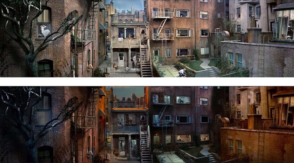 two shots of the same apartment complex courtyard, one at morning and one at night