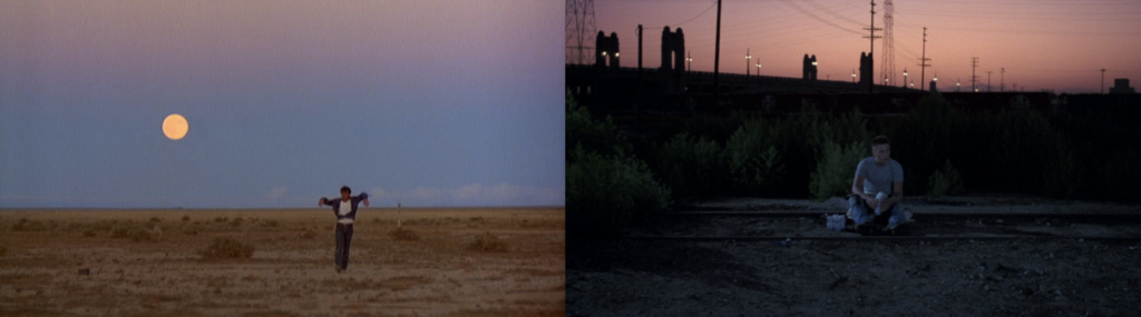 In Badlands (Left) and Repo Man (Right) both characters have their back to the sky, they aren’t allowed to look forward and yearn for more, instead they are both stuck in their ways. 