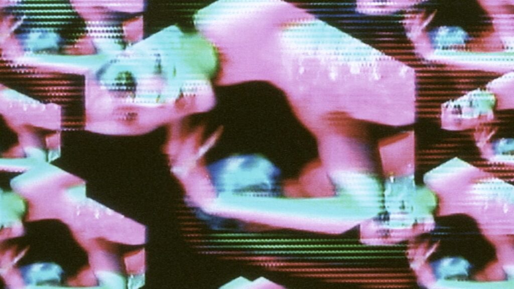 An abstract collage of neon pink and green-tinted fragments of a woman's face, torso, and arm. There are scan marks over the image, as if the image is being shown on a computer screen.