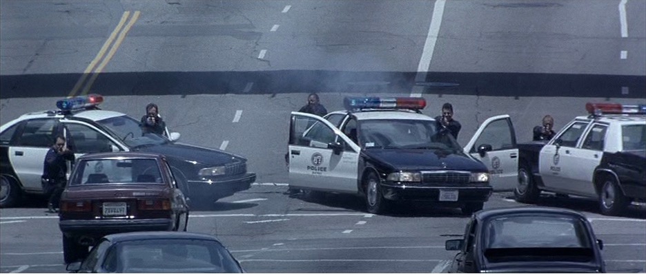 A line of police cars blocks a highway.