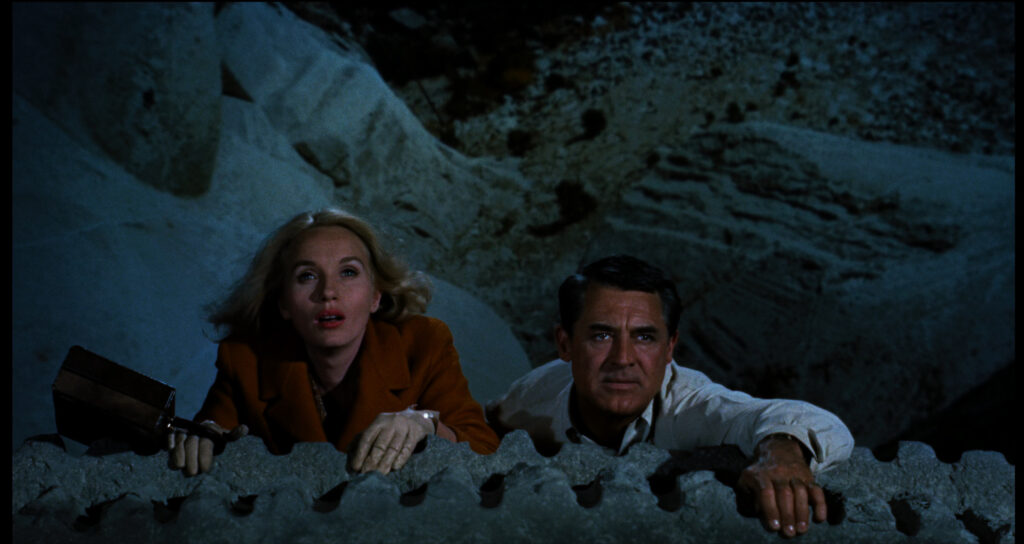 Cary Grant and Eva Marie Saint hanging off the edge of Mt Rushmore. He is holding on with one hand. Her arms are bent holding herself up. Her purse hangs sideways from the cliff edge. The blue hued background behind them is a painting. When stared at, they appear to be laying down.
