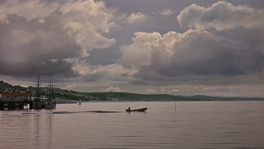 Scene from The Birds, as Tippi Hedrin takes a motorboat across the bay. Her and the water are real. The rest of the image of the shore, boats, and sky are all a matte painting
