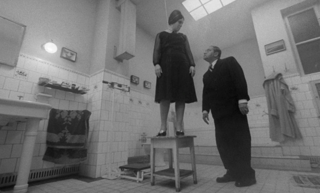 A black and white wide shot of a man and a woman in an older bathroom. The woman is standing on a stool with a rope around her neck, looking down at her husband. the man is looking up at her, dressed in a suit.