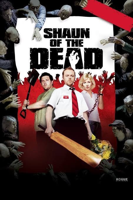 Movie poster for Shawn of the Dead. Shawn, Ed, and Liz all stand armed with weapons surrounded on all sides by zombies.