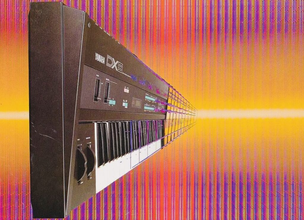 Illustration of a DX9 synthesizer against a laser-like blast of yellow, purple, and orange light