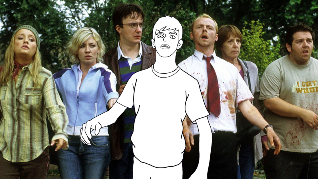 Photograph of six people and one drawn person pretending to be zombies with staggered walking and their arms held up as if reaching for brains