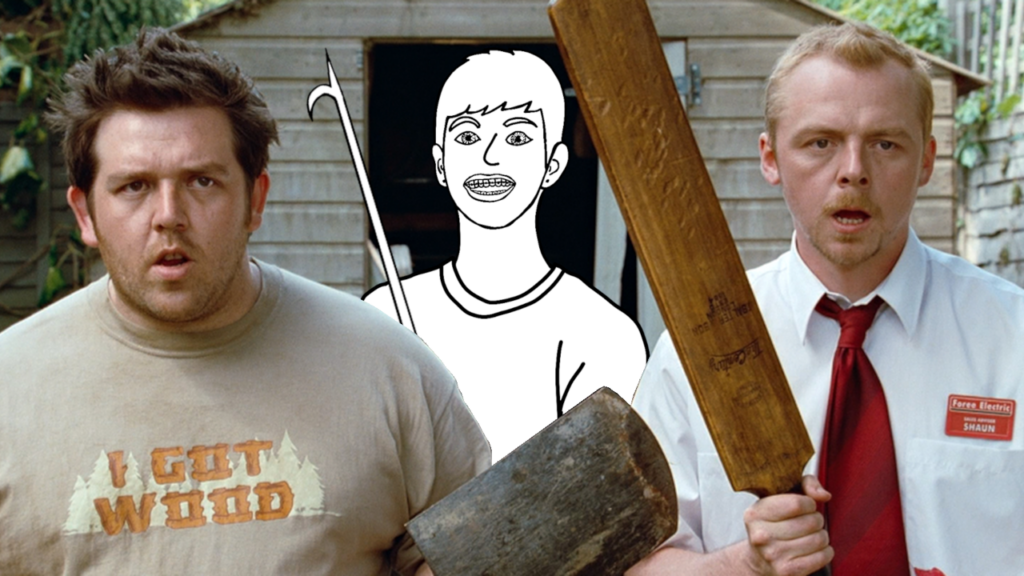 Photograph of two people and one drawn person. One person is holding a shovel. One is holding a cricket bat. The drawn person is holding a fire poker. All look ready to stop zombies.
