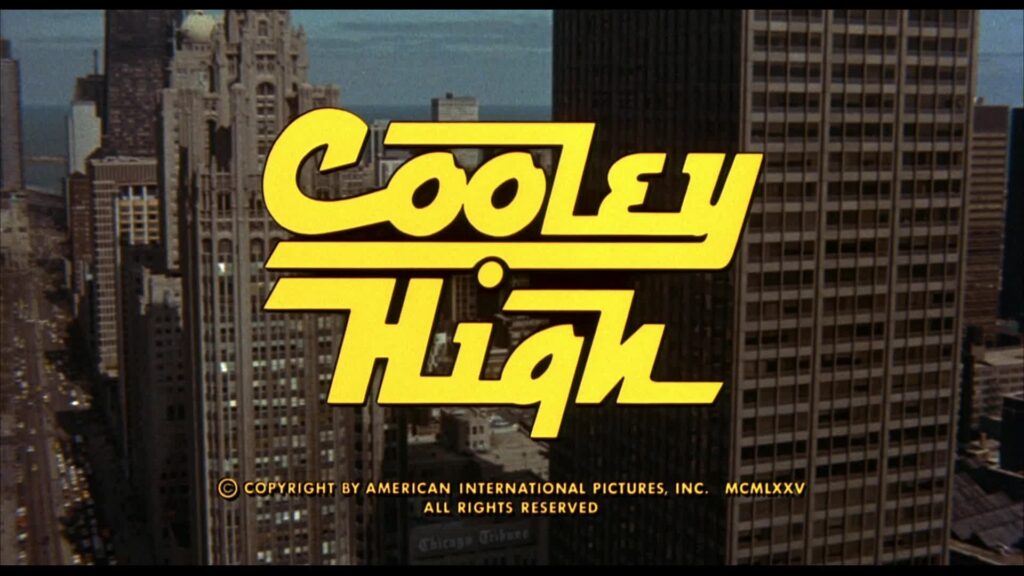 Cooley High title in stylized yellow font over an aerial shot of downtown Chicago.