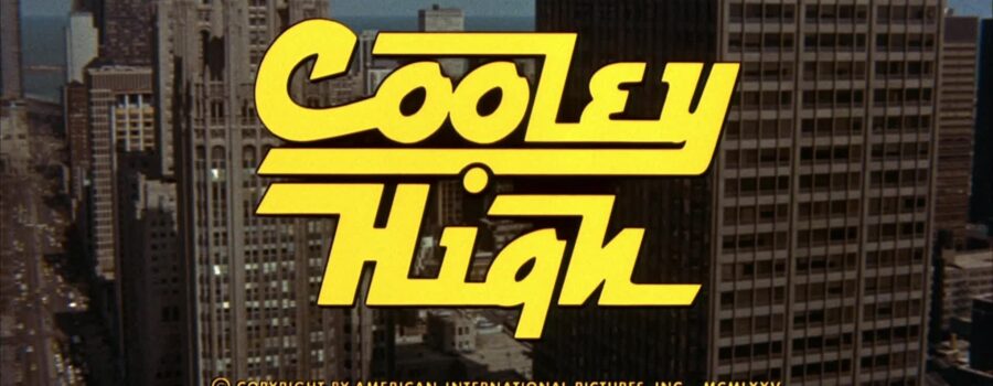Cooley High title in stylized yellow font over an aerial shot of downtown Chicago.