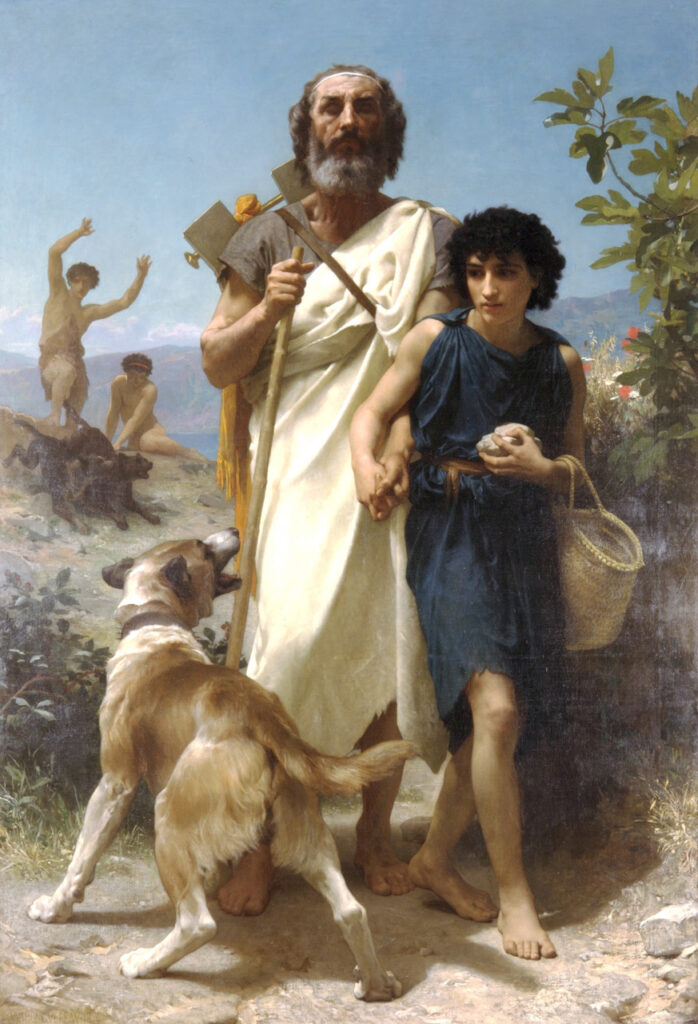 A young man leads and old man past a barking dog.