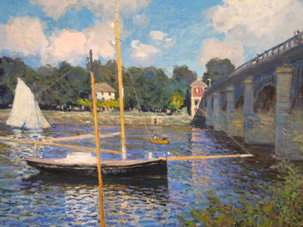 A painting of a sailboat on a river in impressionist style.