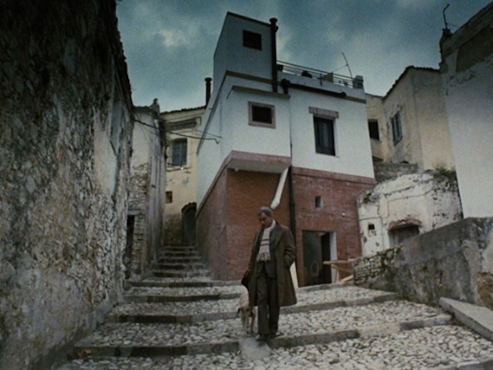 A gray-haired white man and a dog standing in an empty street.