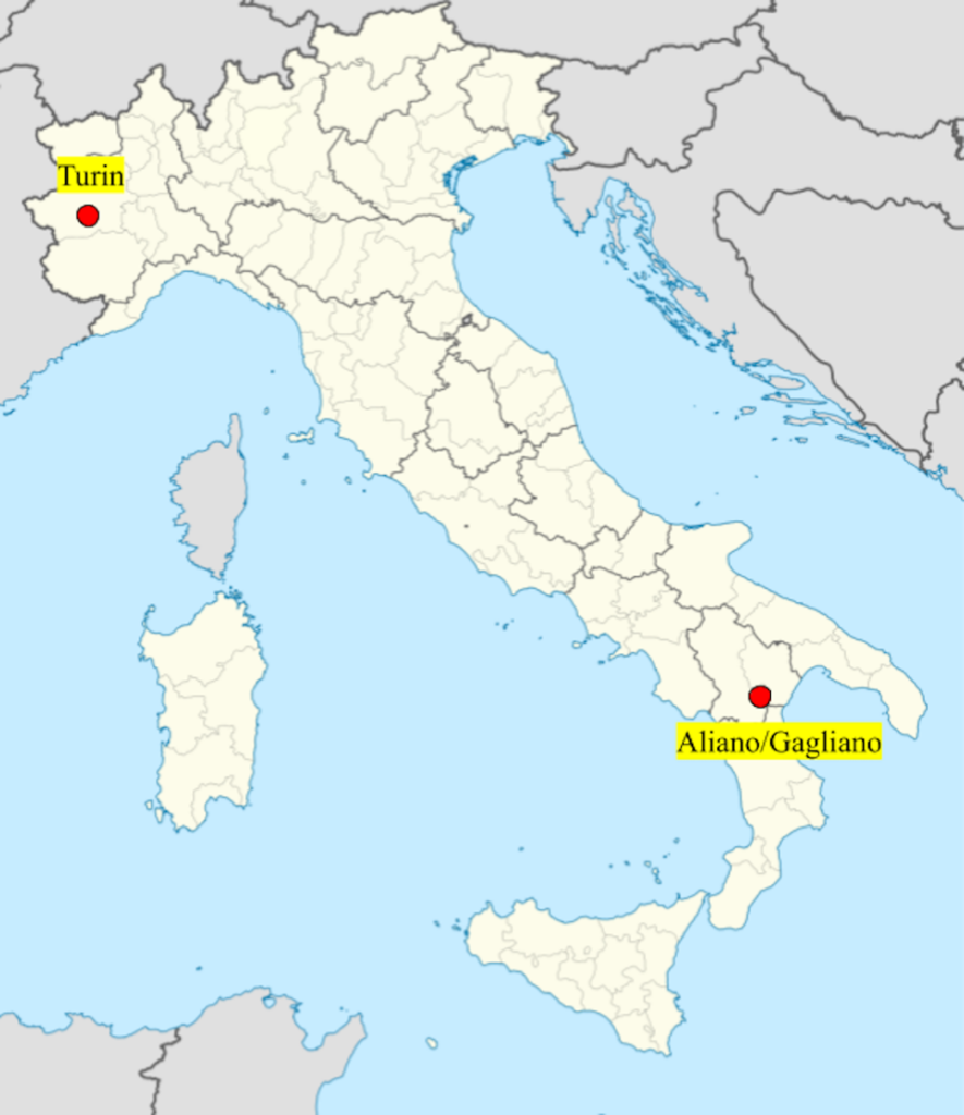 A map of Italy with the cities of Turin (north/west) and Aliano/Gagliano (south/east) highlighted.