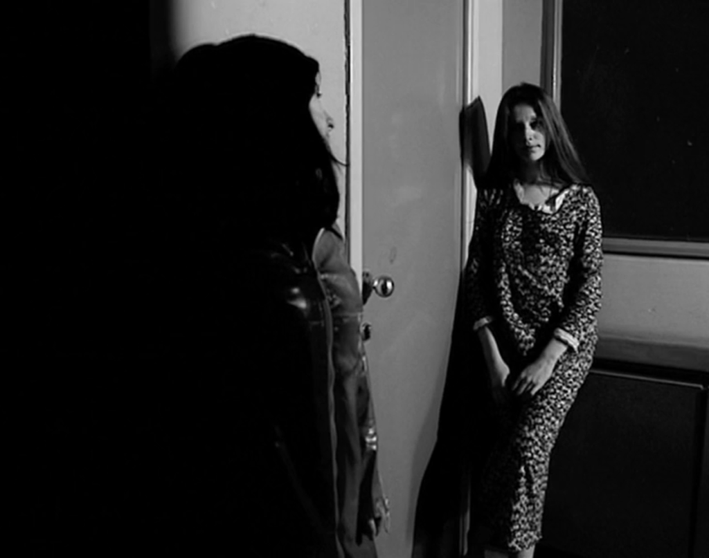 A medium-long over-the-shoulder shot of Julie's unnamed ex-lover (played by Claire Wauthion) on the right of the frame. Julie's shoulder and slight profile is visible on the left, but she and the rest of the frame's left side is shrouded in darkness. The two women are in a hallway with a door featuring a shiny doorknob between them, separating the two from the foreground and background. The ex-lover is clad in a long floral form-fitting dress with a white collar and cuffs. Her slightly lighter and longer hair droops behind her shoulders. Julie is once again leaning up against the wall and the little bit of her face that is visible is inscrutable of perhaps one of vague longing. The ex-lover, who is resting up against the wall, window, and air vent behind her, has an air of disaffected reluctance on her face and in her body language. She holds her hands partially together as if she is both nervous about and resigned to whatever is about to happen.