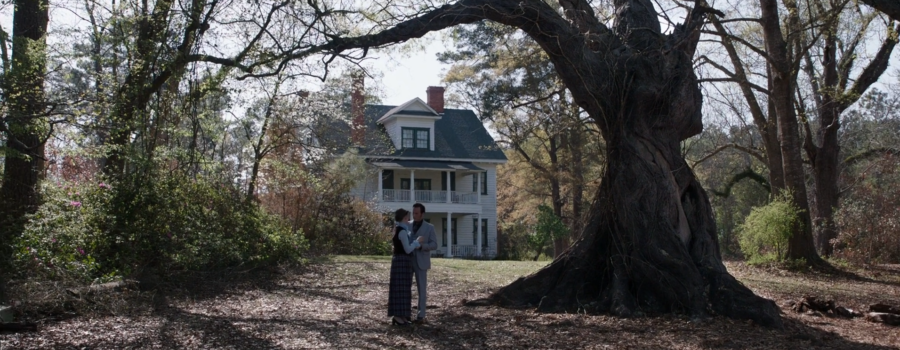 A man and a woman embrace outside of an older looking two story white house. They are under a curved, ominous looking tree